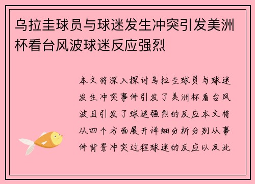 乌拉圭球员与球迷发生冲突引发美洲杯看台风波球迷反应强烈 乌拉圭球员与球迷发生冲突引发美洲杯看台风波球迷反应强烈