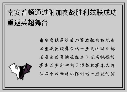 南安普顿通过附加赛战胜利兹联成功重返英超舞台