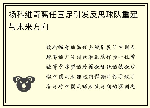 扬科维奇离任国足引发反思球队重建与未来方向